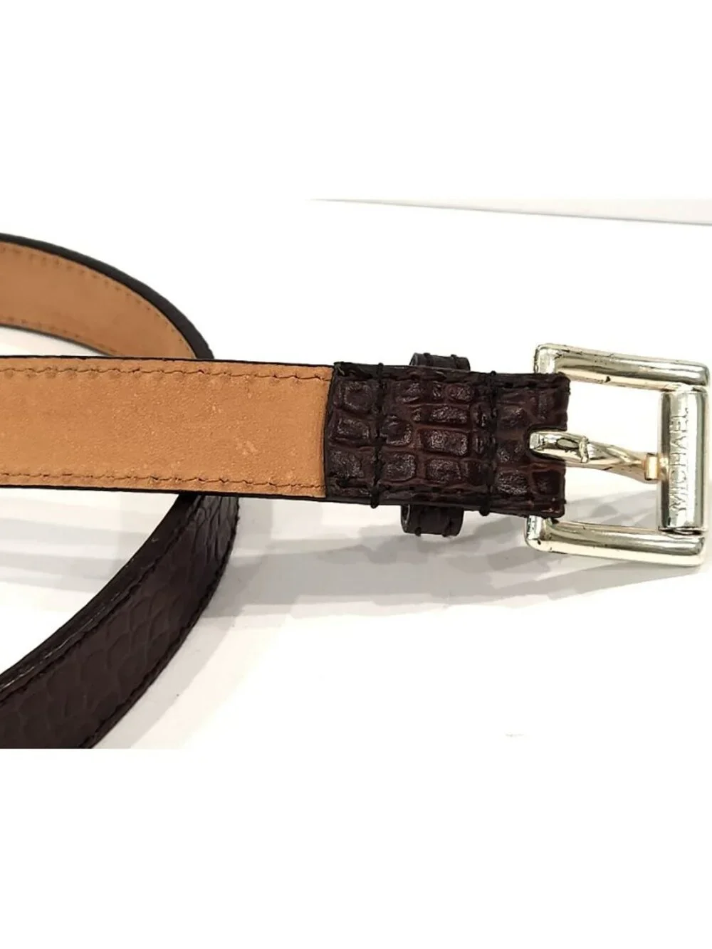 Michael Kors Brown Leather Belt Crocodile Embossed Pattern Size XL 39-43